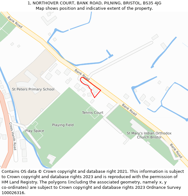 1, NORTHOVER COURT, BANK ROAD, PILNING, BRISTOL, BS35 4JG: Location map and indicative extent of plot