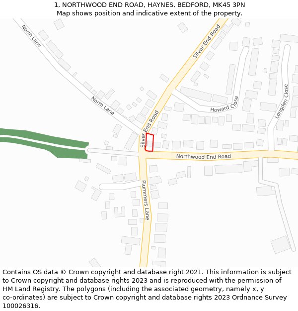 1, NORTHWOOD END ROAD, HAYNES, BEDFORD, MK45 3PN: Location map and indicative extent of plot