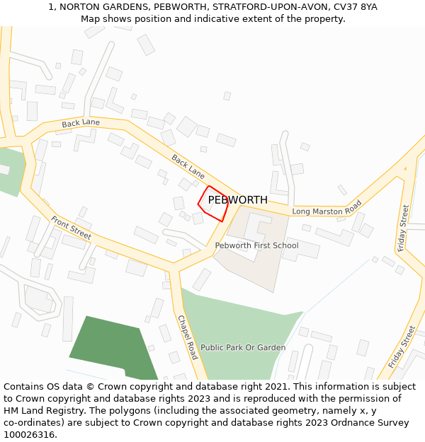 1, NORTON GARDENS, PEBWORTH, STRATFORD-UPON-AVON, CV37 8YA: Location map and indicative extent of plot