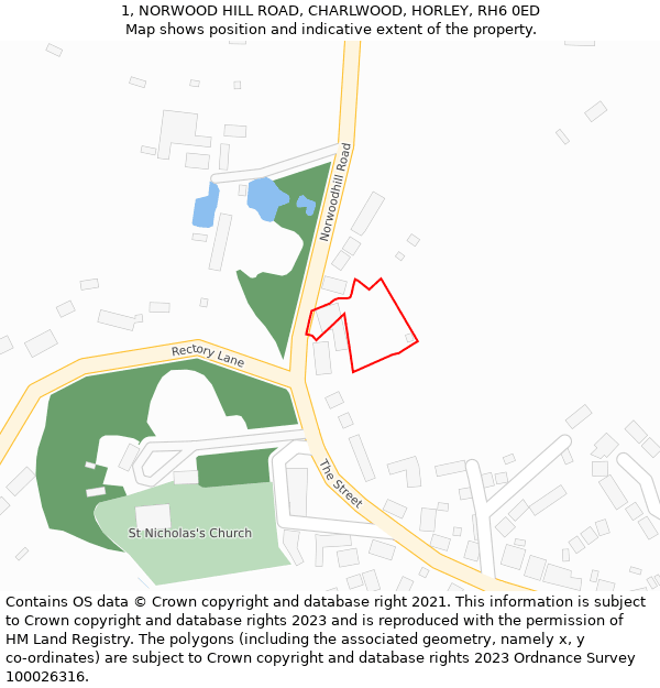 1, NORWOOD HILL ROAD, CHARLWOOD, HORLEY, RH6 0ED: Location map and indicative extent of plot