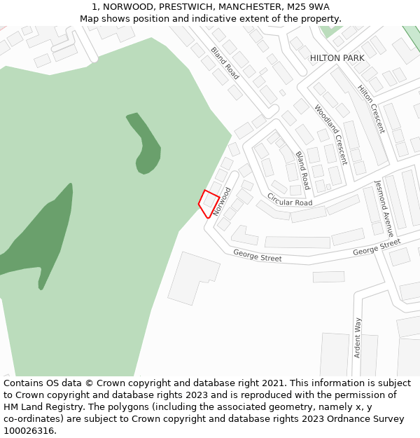 1, NORWOOD, PRESTWICH, MANCHESTER, M25 9WA: Location map and indicative extent of plot