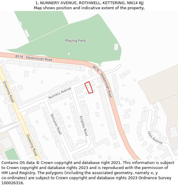 1, NUNNERY AVENUE, ROTHWELL, KETTERING, NN14 6JJ: Location map and indicative extent of plot