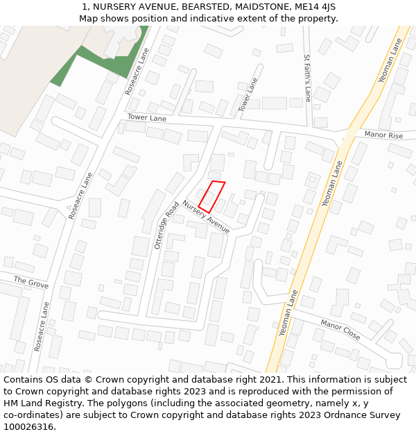 1, NURSERY AVENUE, BEARSTED, MAIDSTONE, ME14 4JS: Location map and indicative extent of plot