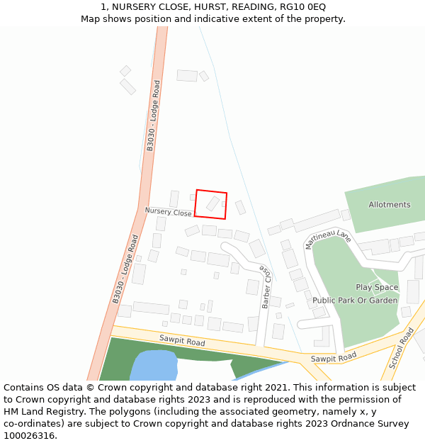 1, NURSERY CLOSE, HURST, READING, RG10 0EQ: Location map and indicative extent of plot