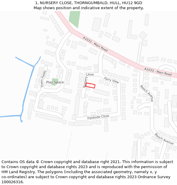 1, NURSERY CLOSE, THORNGUMBALD, HULL, HU12 9GD: Location map and indicative extent of plot