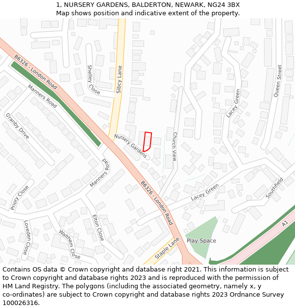 1, NURSERY GARDENS, BALDERTON, NEWARK, NG24 3BX: Location map and indicative extent of plot