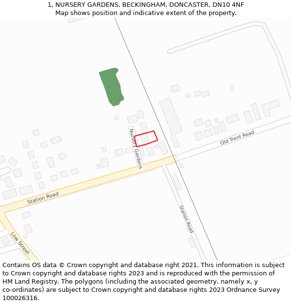 1, NURSERY GARDENS, BECKINGHAM, DONCASTER, DN10 4NF: Location map and indicative extent of plot