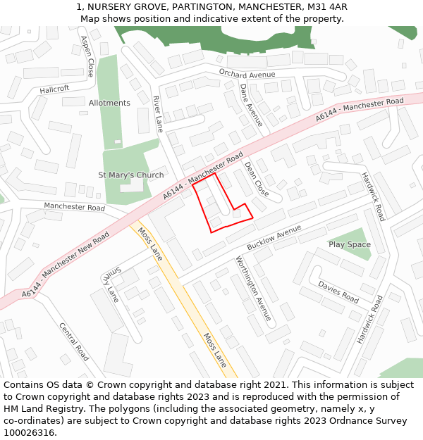 1, NURSERY GROVE, PARTINGTON, MANCHESTER, M31 4AR: Location map and indicative extent of plot
