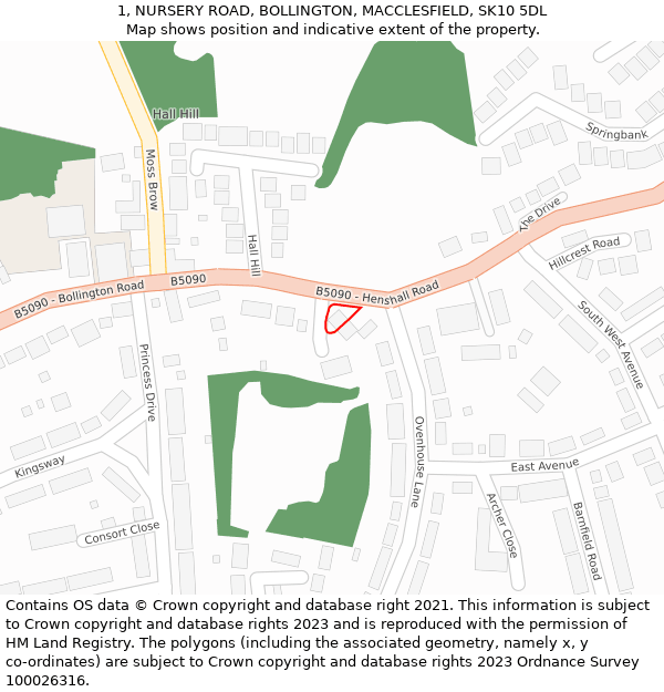 1, NURSERY ROAD, BOLLINGTON, MACCLESFIELD, SK10 5DL: Location map and indicative extent of plot
