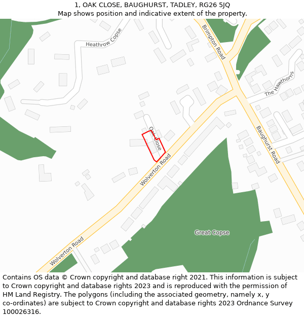 1, OAK CLOSE, BAUGHURST, TADLEY, RG26 5JQ: Location map and indicative extent of plot