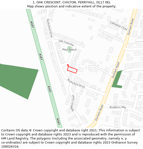 1, OAK CRESCENT, CHILTON, FERRYHILL, DL17 0EL: Location map and indicative extent of plot