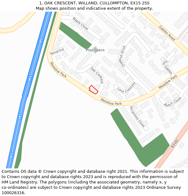 1, OAK CRESCENT, WILLAND, CULLOMPTON, EX15 2SS: Location map and indicative extent of plot