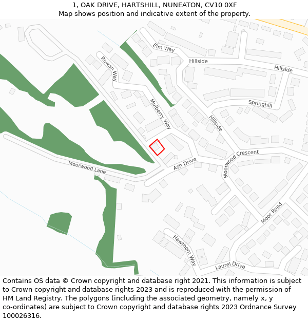 1, OAK DRIVE, HARTSHILL, NUNEATON, CV10 0XF: Location map and indicative extent of plot