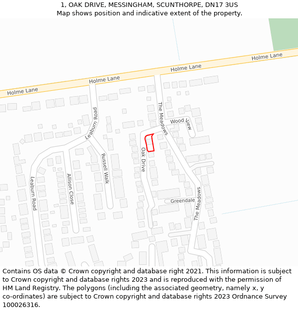 1, OAK DRIVE, MESSINGHAM, SCUNTHORPE, DN17 3US: Location map and indicative extent of plot