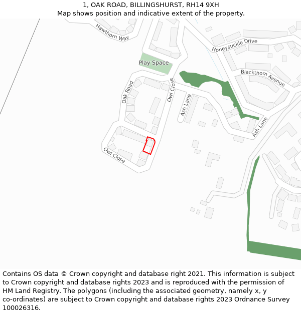 1, OAK ROAD, BILLINGSHURST, RH14 9XH: Location map and indicative extent of plot