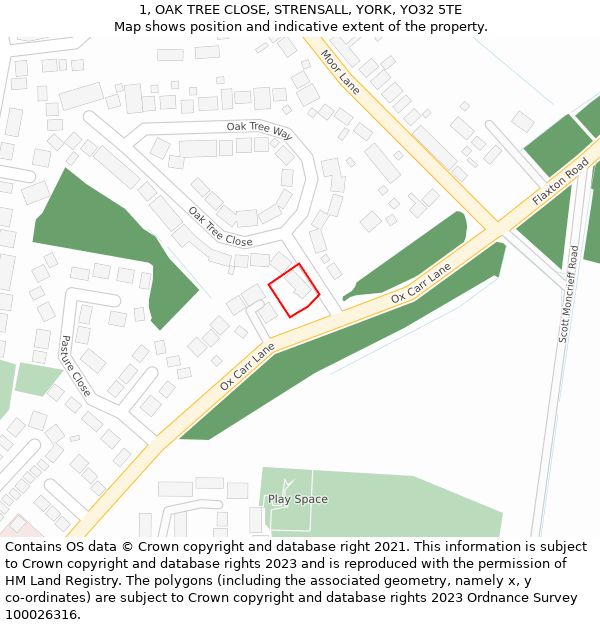 1, OAK TREE CLOSE, STRENSALL, YORK, YO32 5TE: Location map and indicative extent of plot