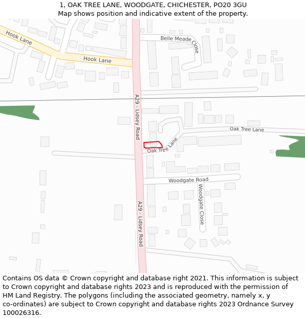 1, OAK TREE LANE, WOODGATE, CHICHESTER, PO20 3GU: Location map and indicative extent of plot