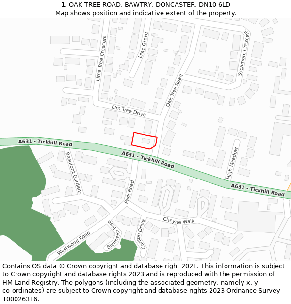 1, OAK TREE ROAD, BAWTRY, DONCASTER, DN10 6LD: Location map and indicative extent of plot