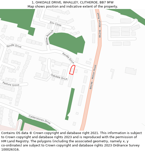 1, OAKDALE DRIVE, WHALLEY, CLITHEROE, BB7 9FW: Location map and indicative extent of plot