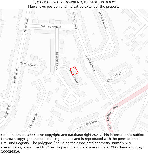 1, OAKDALE WALK, DOWNEND, BRISTOL, BS16 6DY: Location map and indicative extent of plot