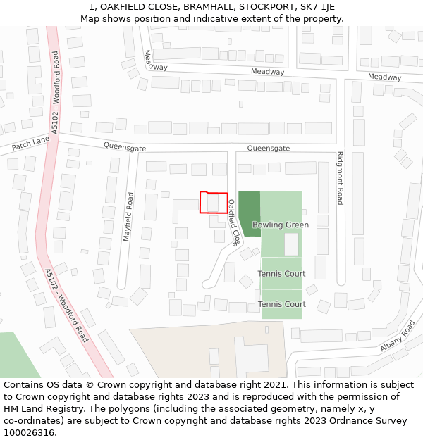 1, OAKFIELD CLOSE, BRAMHALL, STOCKPORT, SK7 1JE: Location map and indicative extent of plot