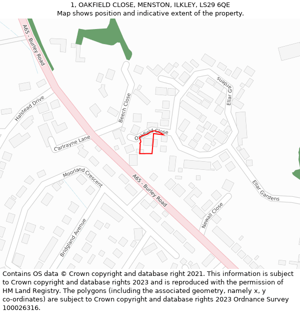 1, OAKFIELD CLOSE, MENSTON, ILKLEY, LS29 6QE: Location map and indicative extent of plot