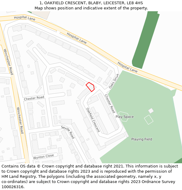 1, OAKFIELD CRESCENT, BLABY, LEICESTER, LE8 4HS: Location map and indicative extent of plot