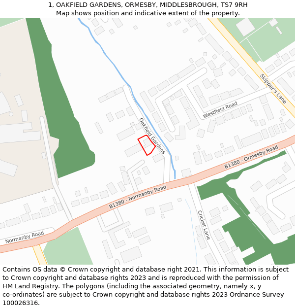 1, OAKFIELD GARDENS, ORMESBY, MIDDLESBROUGH, TS7 9RH: Location map and indicative extent of plot