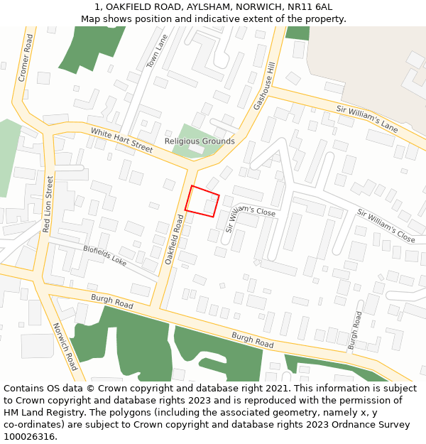 1, OAKFIELD ROAD, AYLSHAM, NORWICH, NR11 6AL: Location map and indicative extent of plot
