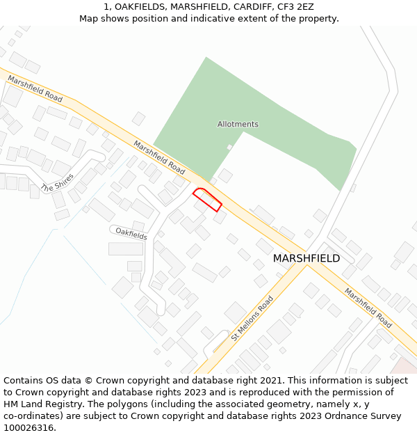 1, OAKFIELDS, MARSHFIELD, CARDIFF, CF3 2EZ: Location map and indicative extent of plot