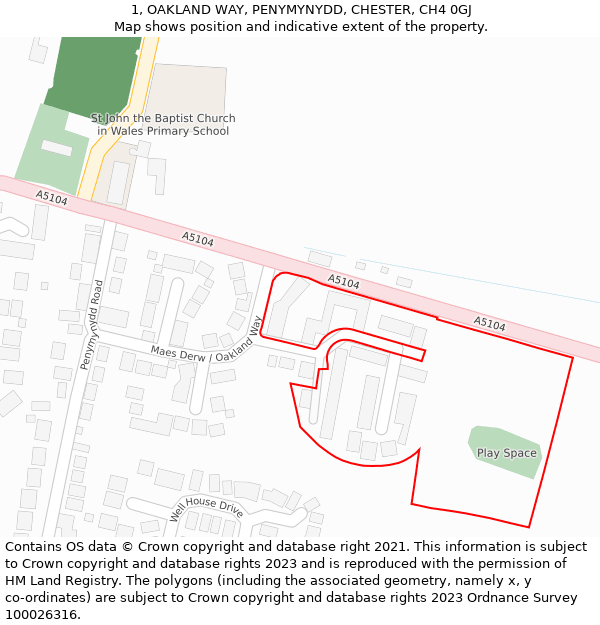 1, OAKLAND WAY, PENYMYNYDD, CHESTER, CH4 0GJ: Location map and indicative extent of plot