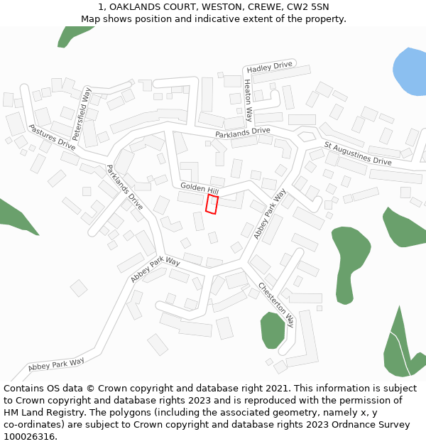 1, OAKLANDS COURT, WESTON, CREWE, CW2 5SN: Location map and indicative extent of plot