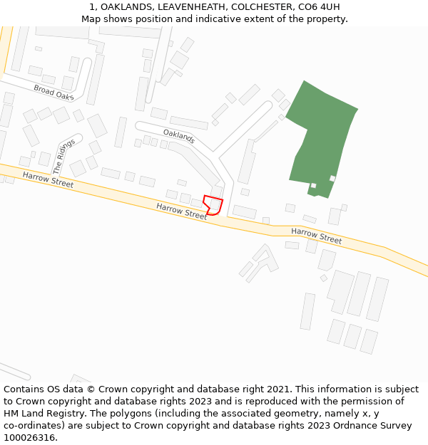 1, OAKLANDS, LEAVENHEATH, COLCHESTER, CO6 4UH: Location map and indicative extent of plot