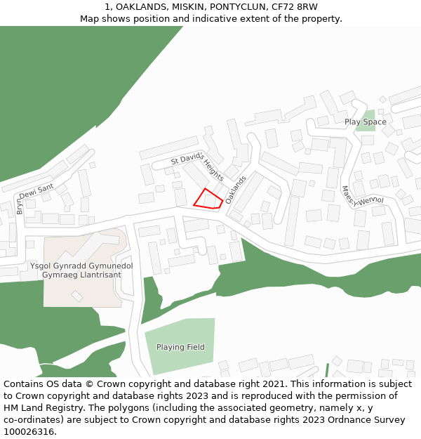 1, OAKLANDS, MISKIN, PONTYCLUN, CF72 8RW: Location map and indicative extent of plot