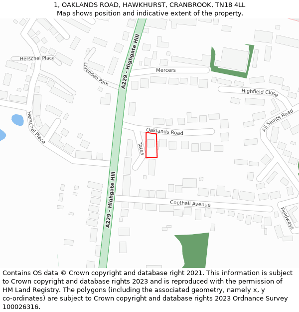 1, OAKLANDS ROAD, HAWKHURST, CRANBROOK, TN18 4LL: Location map and indicative extent of plot