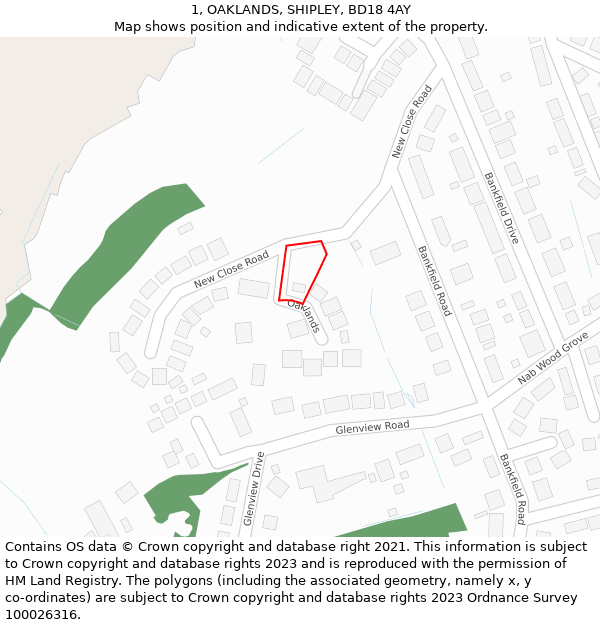 1, OAKLANDS, SHIPLEY, BD18 4AY: Location map and indicative extent of plot