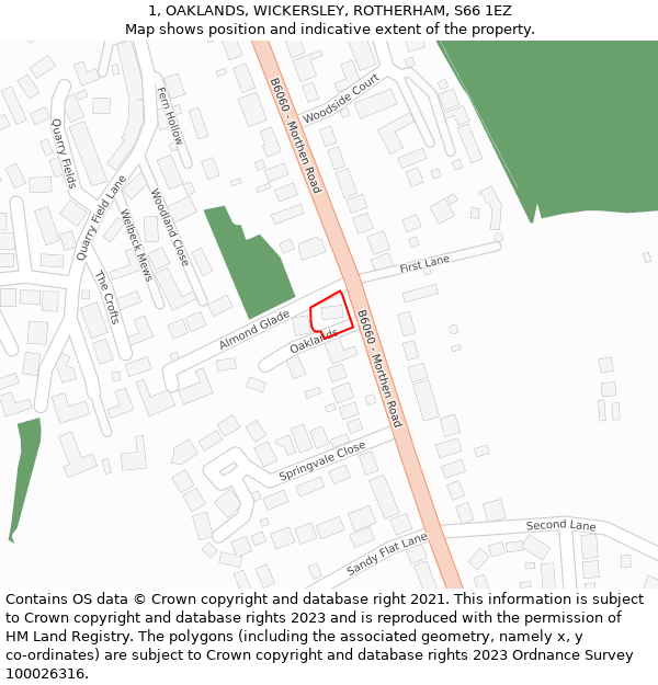 1, OAKLANDS, WICKERSLEY, ROTHERHAM, S66 1EZ: Location map and indicative extent of plot