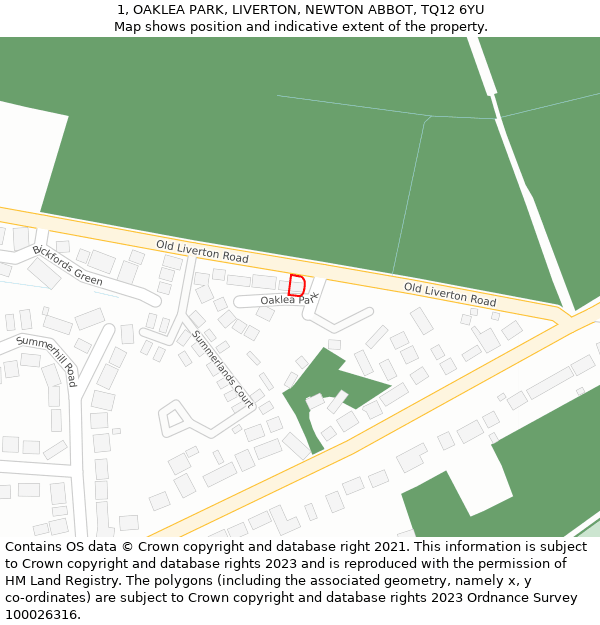 1, OAKLEA PARK, LIVERTON, NEWTON ABBOT, TQ12 6YU: Location map and indicative extent of plot