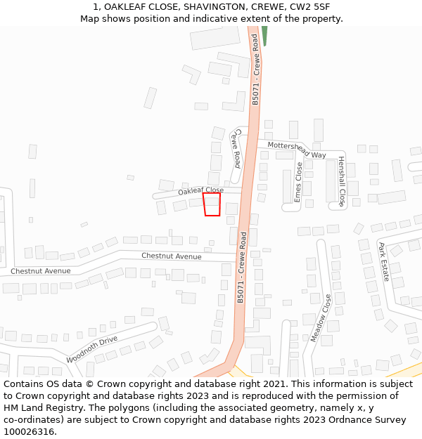 1, OAKLEAF CLOSE, SHAVINGTON, CREWE, CW2 5SF: Location map and indicative extent of plot