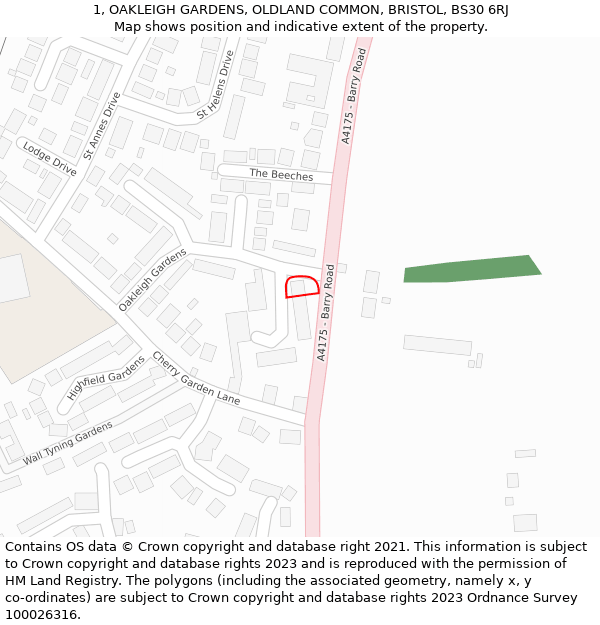 1, OAKLEIGH GARDENS, OLDLAND COMMON, BRISTOL, BS30 6RJ: Location map and indicative extent of plot