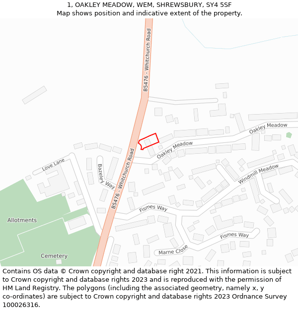 1, OAKLEY MEADOW, WEM, SHREWSBURY, SY4 5SF: Location map and indicative extent of plot