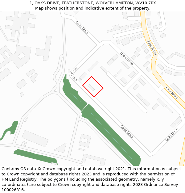 1, OAKS DRIVE, FEATHERSTONE, WOLVERHAMPTON, WV10 7PX: Location map and indicative extent of plot