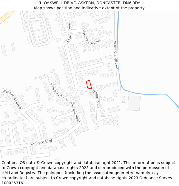 1, OAKWELL DRIVE, ASKERN, DONCASTER, DN6 0DA: Location map and indicative extent of plot