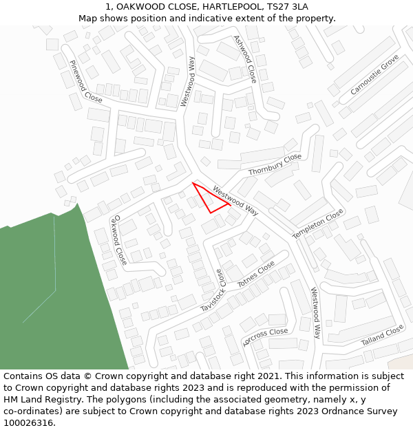 1, OAKWOOD CLOSE, HARTLEPOOL, TS27 3LA: Location map and indicative extent of plot