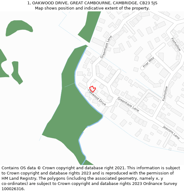 1, OAKWOOD DRIVE, GREAT CAMBOURNE, CAMBRIDGE, CB23 5JS: Location map and indicative extent of plot