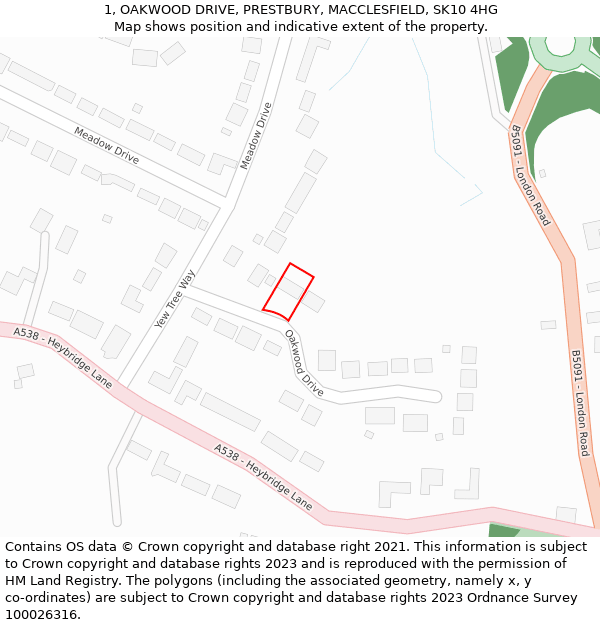 1, OAKWOOD DRIVE, PRESTBURY, MACCLESFIELD, SK10 4HG: Location map and indicative extent of plot
