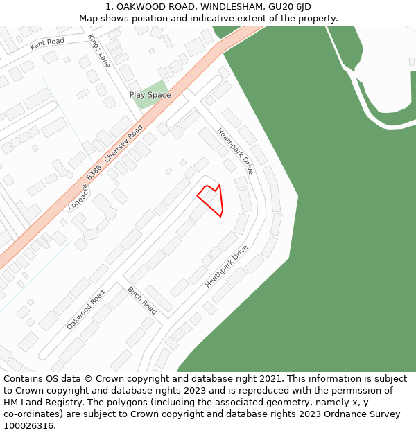 1, OAKWOOD ROAD, WINDLESHAM, GU20 6JD: Location map and indicative extent of plot