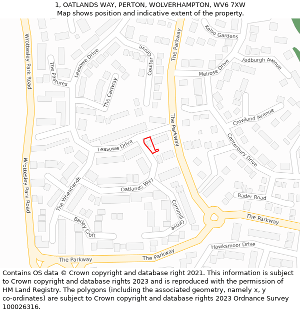 1, OATLANDS WAY, PERTON, WOLVERHAMPTON, WV6 7XW: Location map and indicative extent of plot