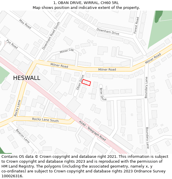 1, OBAN DRIVE, WIRRAL, CH60 5RL: Location map and indicative extent of plot