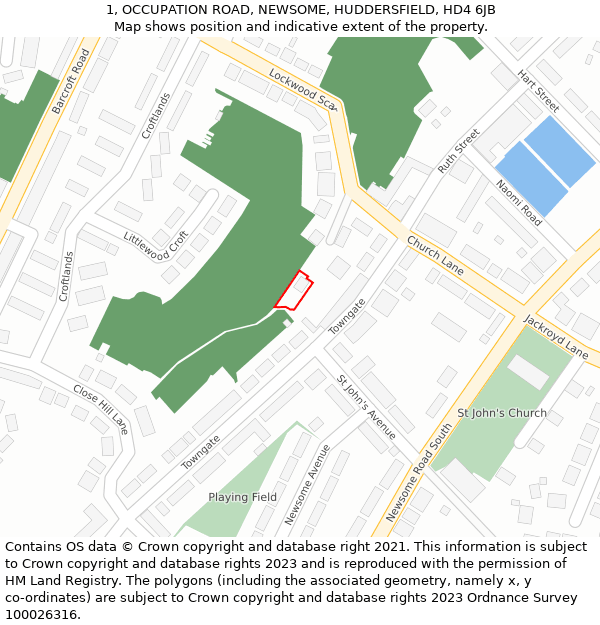 1, OCCUPATION ROAD, NEWSOME, HUDDERSFIELD, HD4 6JB: Location map and indicative extent of plot